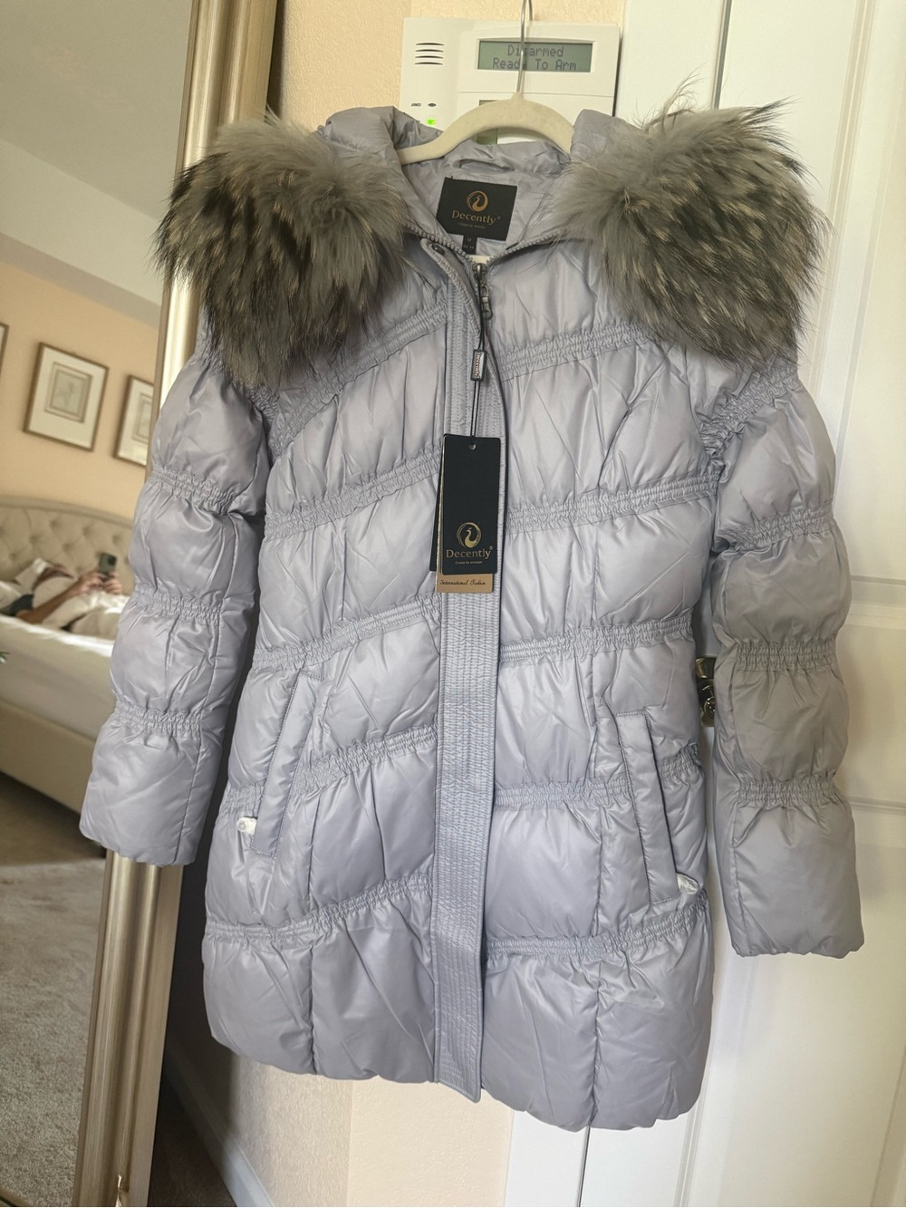 Women's Light Gray Quilted Puffer Coat with Real Faux Fur Trim size M